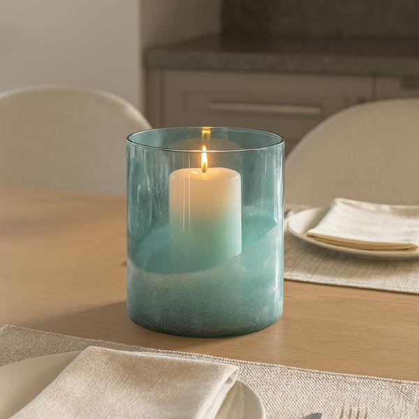 Liv & Skye Blue 7 in. Glass Cylinder Frosted Bottom Hurricane