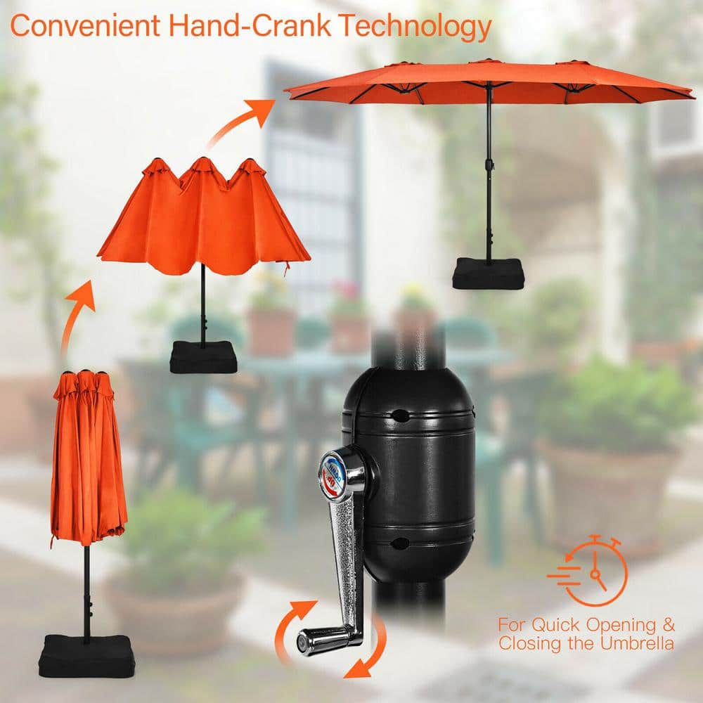 15 ft Orange Double-Sided Patio Umbrella with Crank and Base