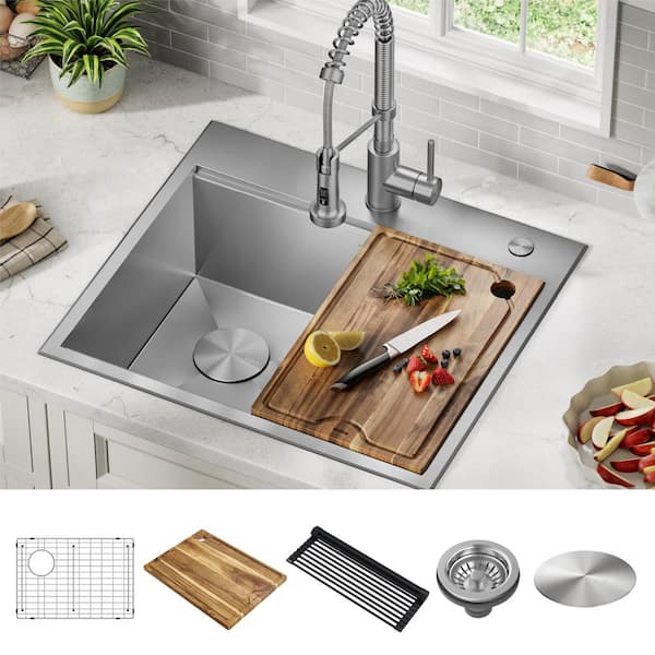 Loften 25 in. Drop-In/Undermount Single Bowl 18 Gauge Stainless Steel Kitchen Workstation Sink with Accessories