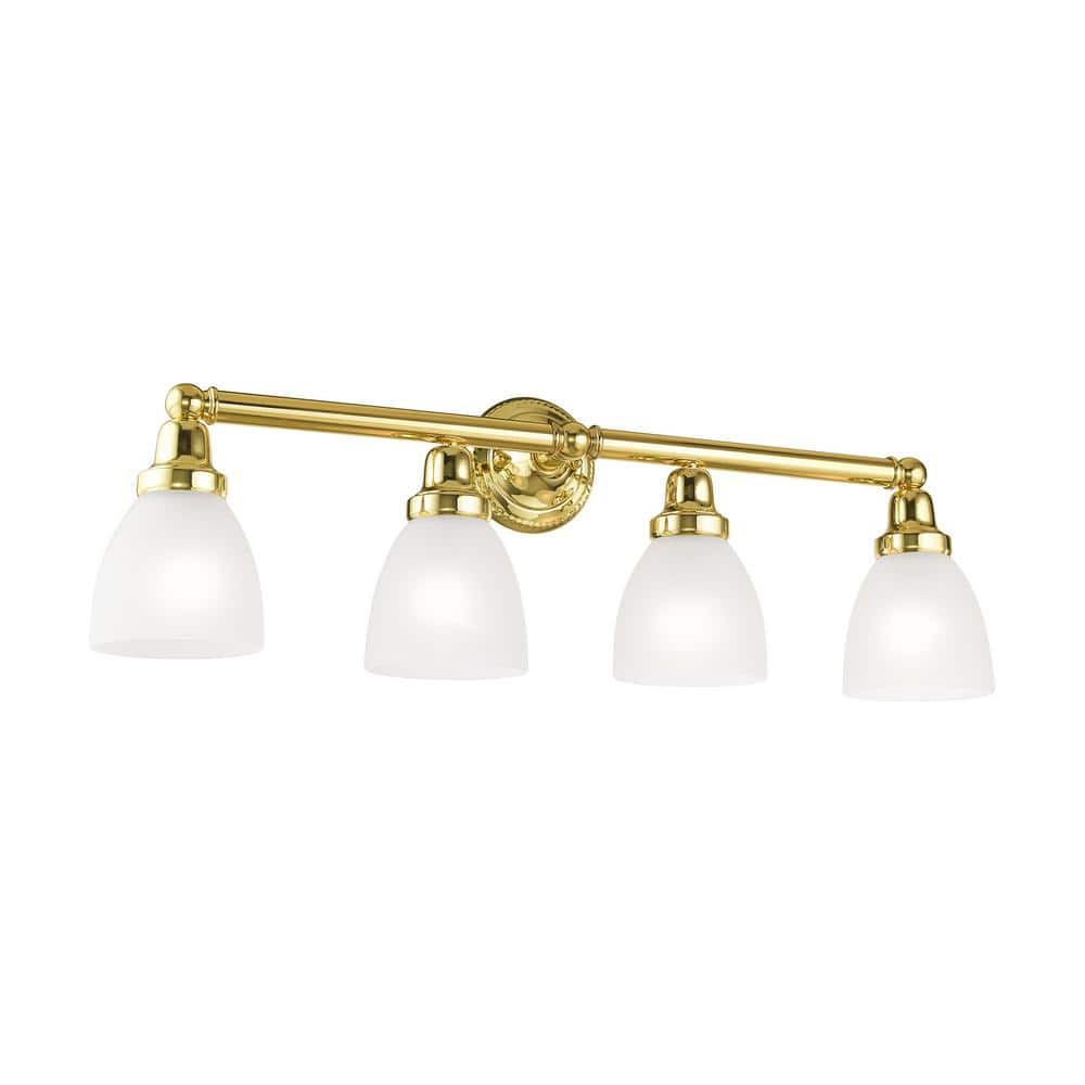 Elegant Polished Brass 4-Light Vanity with Satin Opal White Glass