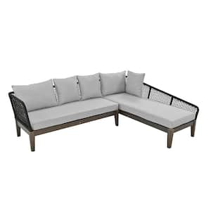 2-Piece Wood Patio Outdoor Sectional Furniture Set with Gray Cushions