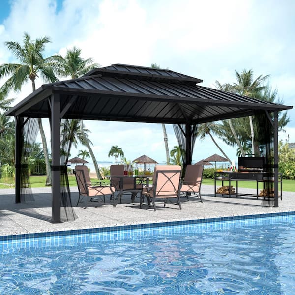 VEIKOUS 14 ft. W x 12 ft. D Aluminum Hardtop Gazebo with Galvanized Double Roof and Textilene Netting