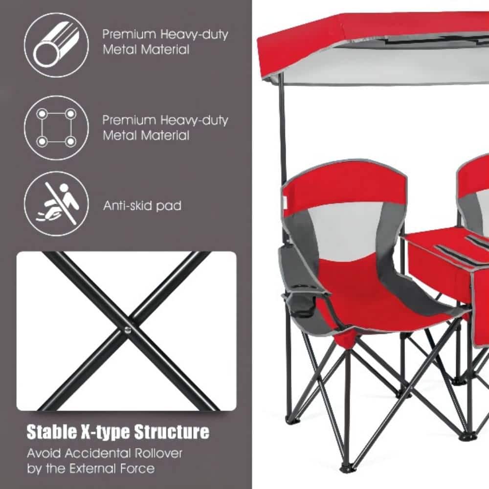 Red Double Folding Camping Chair with Canopy and Cooler