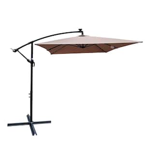 10 ft. x 6.5 ft. Steel Market Umbrella Outdoor Patio Umbrella in Dark Brown Solar LED Lights Crank Cross Base Rectangle