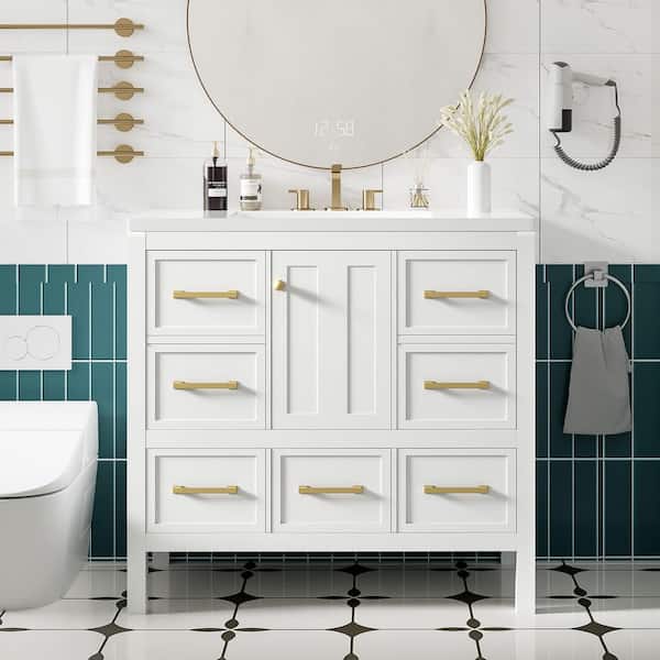 36 in. Single Sink Freestanding White Bath Vanity with White Resin Top and 5 Drawers Storage Door Cabinet Unassembled