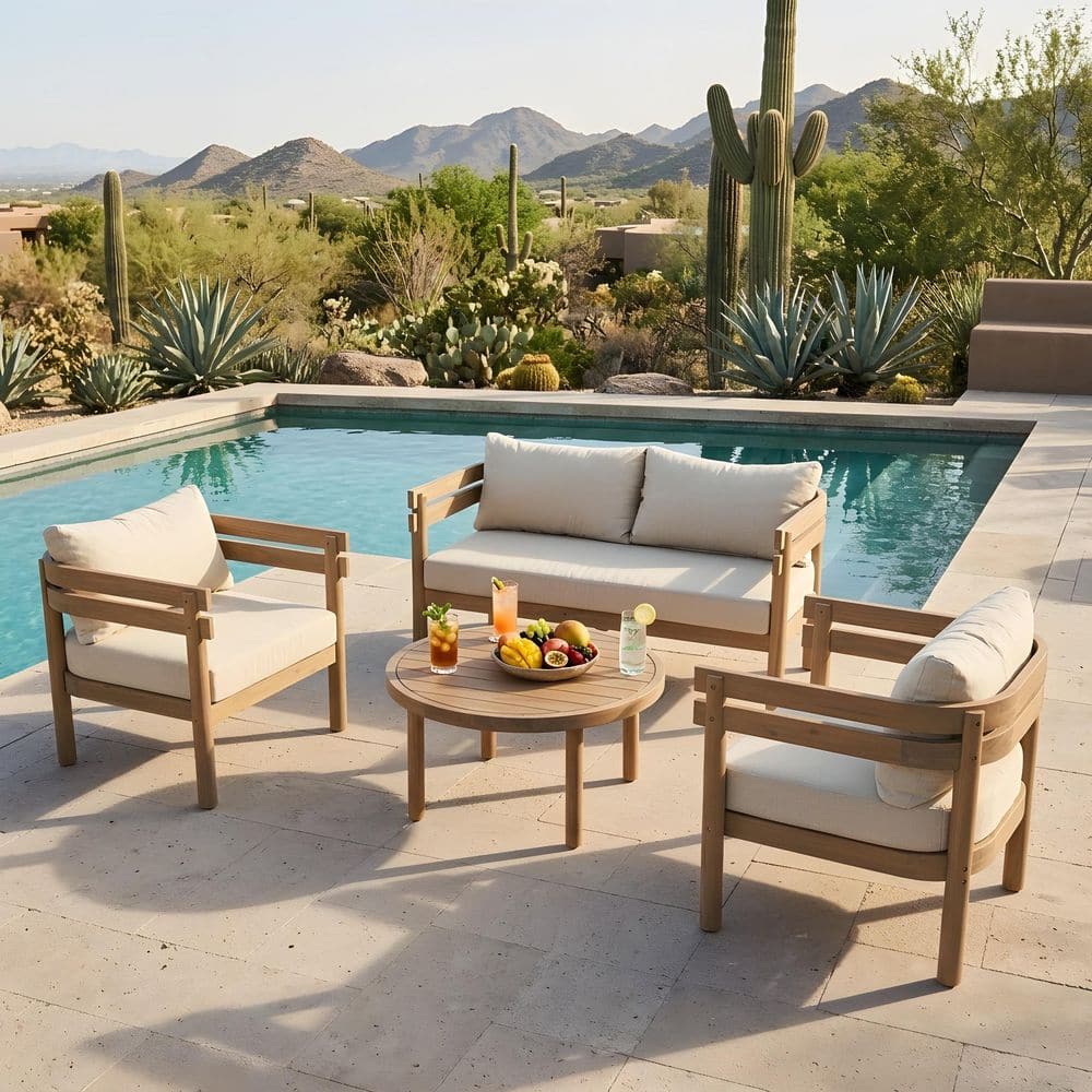4-Piece Light Brown Acacia Wood Outdoor Patio Conversation Set with Beige Cushions and Coffee Table price history on PriceWatchPro