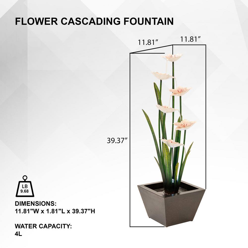Tall Black and White Metal Multi-Tiered Flower Water Fountain with LED Lights