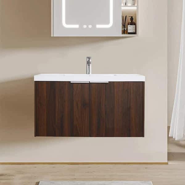 Satico 35.40 in. W Floating Wall-Mounted Bath Vanity in California Walnut with White Resin Top