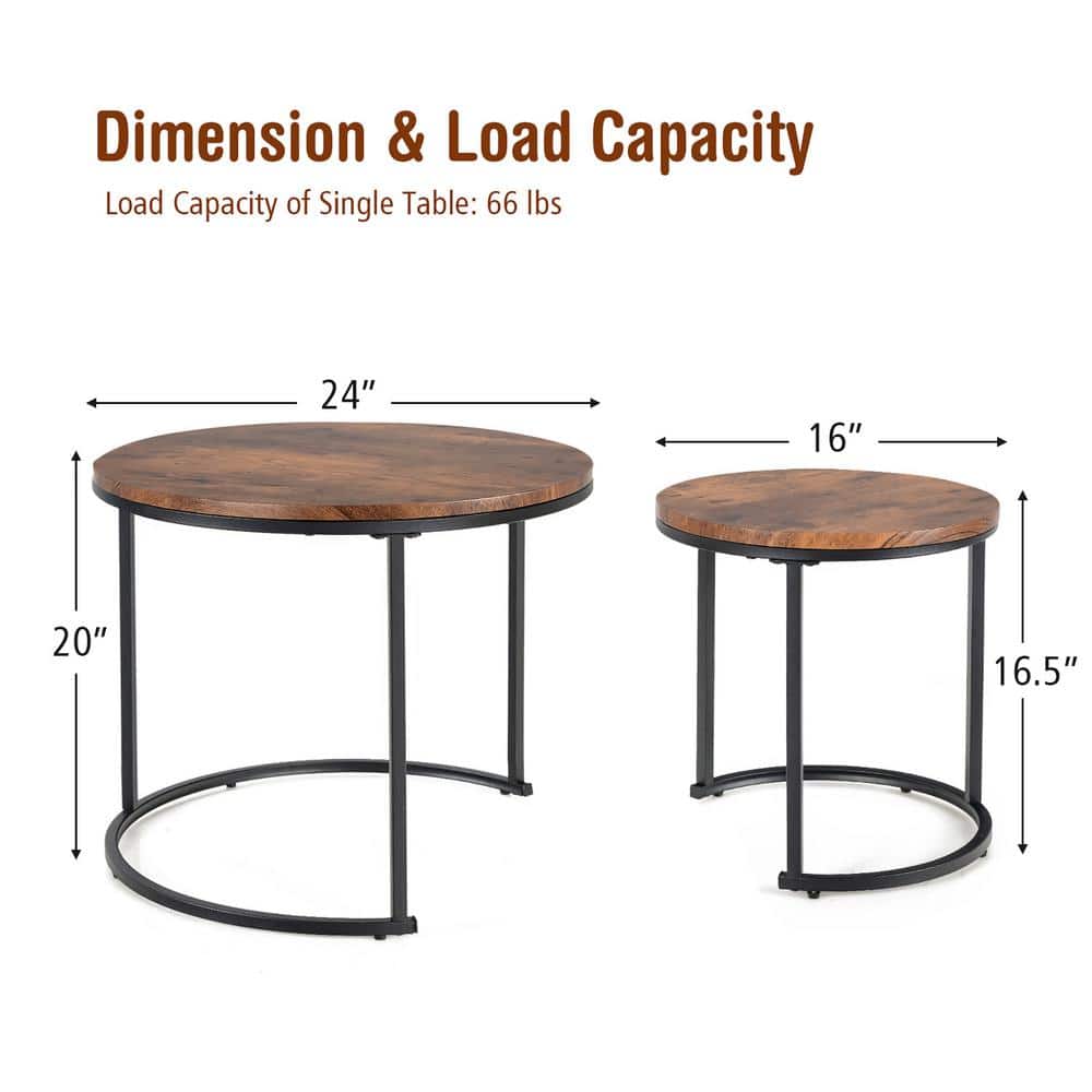 Rustic Brown Round Wood and Steel Nesting Tables Set