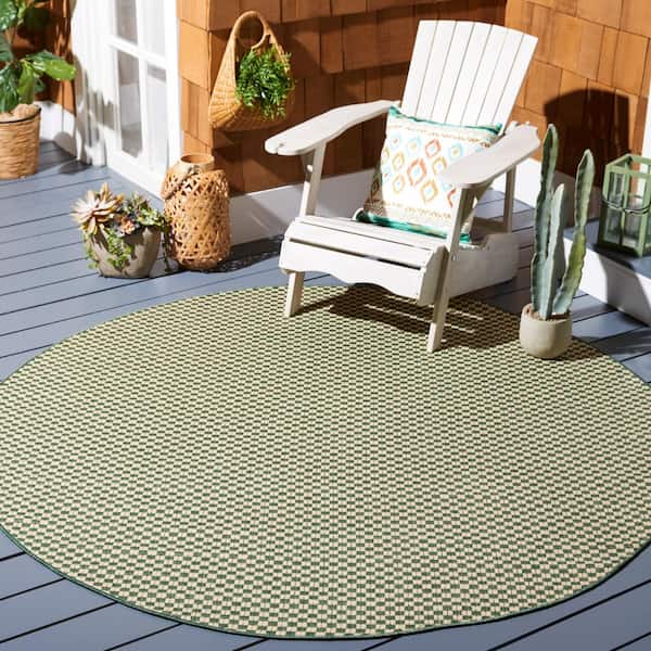 Courtyard Dark Green/Beige 7 ft. x 7 ft. Check Indoor/Outdoor Round Area Rug