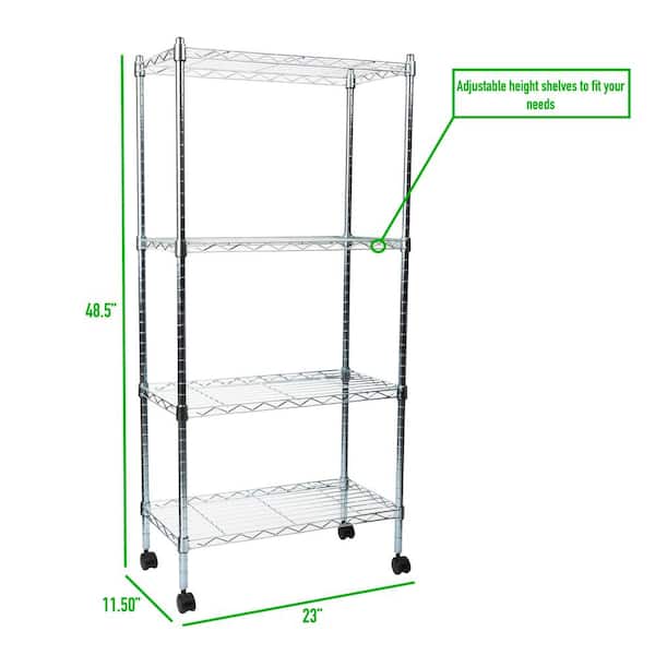 Mind Reader Silver 4-Tier Rolling Metal Wire Shelving Unit (23 in. W x ...