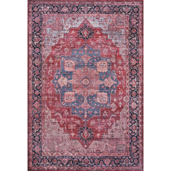 Maris Ornate Medallion Machine-Washable Red/Black/Blue 5 ft. x 8 ft. Area Rug
