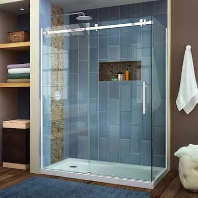 Enigma Air 60-3/8 in. x 76 in. Frameless Corner Sliding Shower Door in Brushed Stainless Steel with Handle