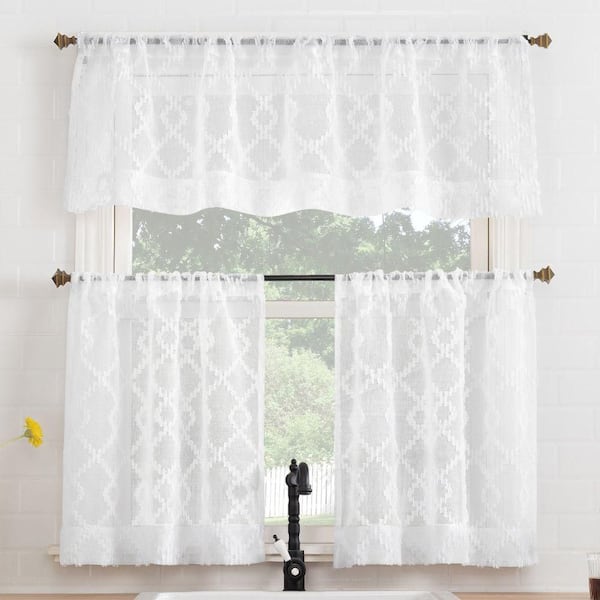 No. 918 Tina 54 in. W x 24 in. L Geometric Clipped Light Filtering Rod Pocket Kitchen Curtain Valance and Tiers Set in White