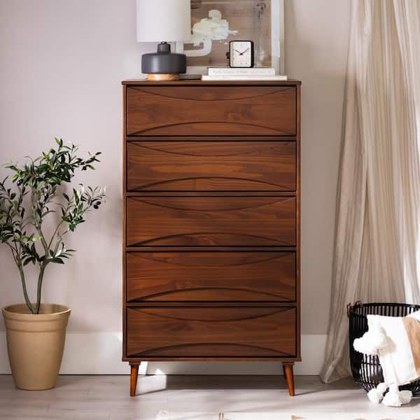 Walker Edison Furniture Company Mid-Century Modern Walnut 5-Drawer 30 in. Chest of Drawers with Curved Detailing