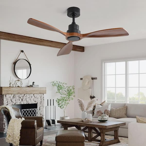 48 in. Black DC Motor Downrod Mount Ceiling Fan Without Light, 3 Solid Wood Blades, 6 Wind Speeds Reversible