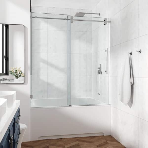 56-60 in. W x 76 in. H Sliding Frameless Shower Door in Nickel with Clear Glass