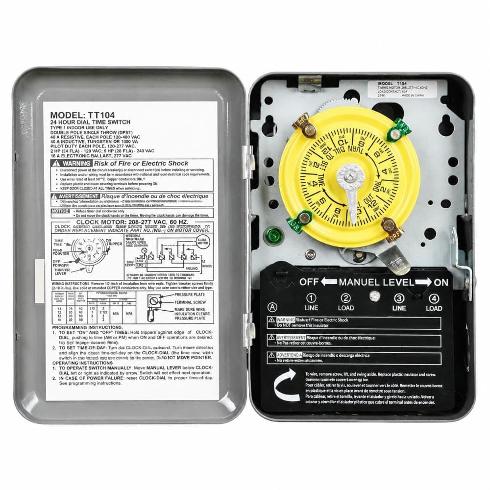 Mechanical Timer Switch for Pool Pumps and HVAC, 208-277V AC, 40A DPST, 24-Hour Dial, 12 On/Off, Outdoor