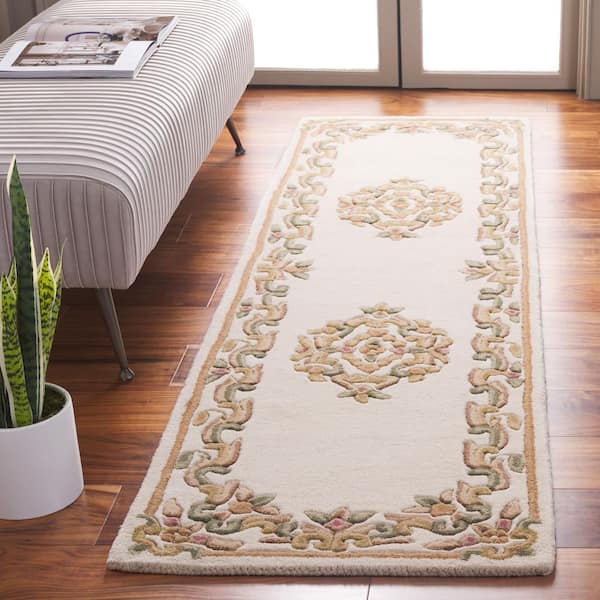 Aubusson 2 ft. x 8 ft. Ivory/Green Traditional Medallion Runner Rug