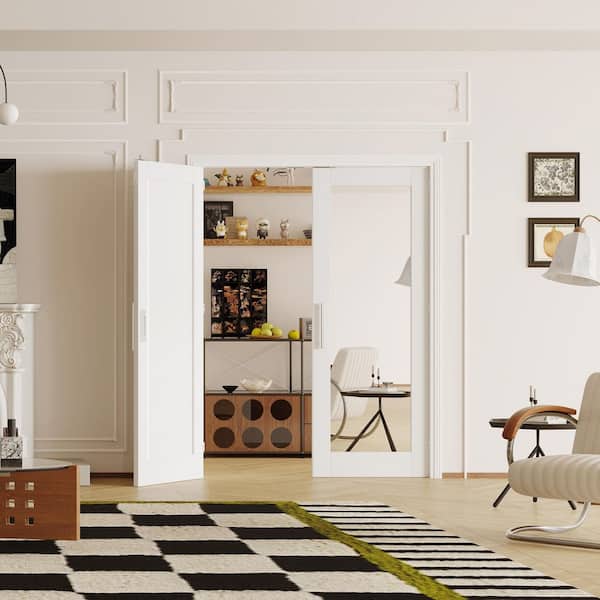 64 in. x 80 in. Solid Wood & MDF, Full Lite, Mirrored Glass, White Primed, Pantry Door, Interior Door Slab W/ Ball Catch