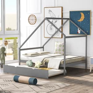 Gray Full Size House Bed with Trundle, Wood Full Platform Bed Frame with Roof for Kids Boys Girls, No Box Spring Needed
