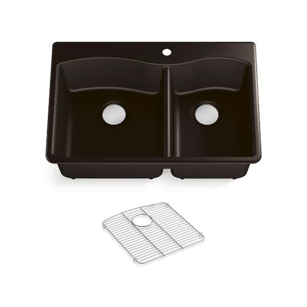 KOHLER Kennon Drop-In/Undermount Neoroc Granite Composite 33 in. 1-Hole Double Bowl Kitchen Sink in Matte Brown with Basin Rack