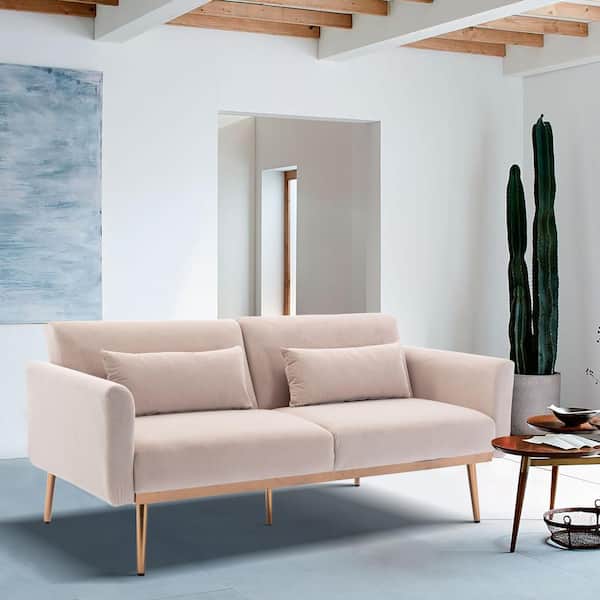 GOSALMON 68.5 in. Wide Beige Velvet Twin Size Sofa Bed, Loveseat with Metal Feet