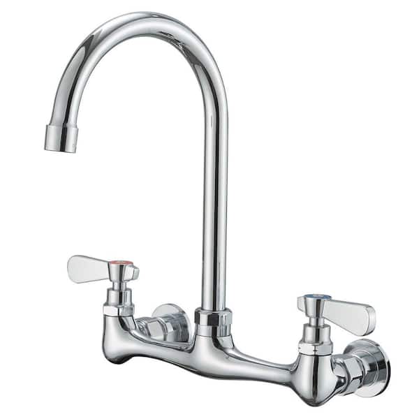 Lukvuzo Double-Handle Wall Mount Standard Kitchen Faucet with High Arc Swivel Spout 8 in . Widespread in Polished Chrome
