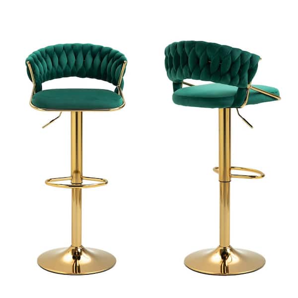 Uixe 42.14" Green Low Back Gold Metal Frame Adjustable Swivel Bar Stool with Velvet Seat (Set of 2)
