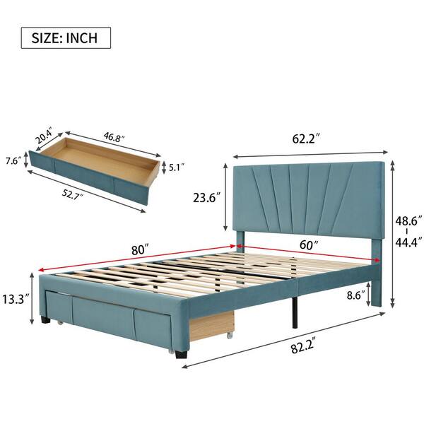 Blue Queen Size Platform Bed, Double Bed Headboard Size In Mm