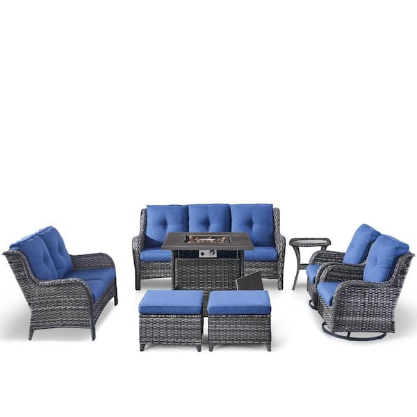 Gymojoy Carolina Gray 8-Piece Wicker Patio Fire Pit Seating Set with Blue Cushion