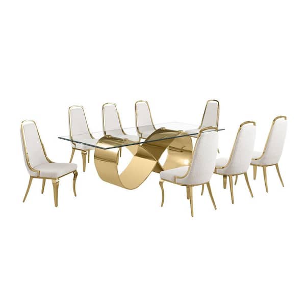 Celia 9-Piece Clear Tempered Glass Top with Gold Stainless Steel Base Dining Set with 8 Cream Boucle Fabric Chairs