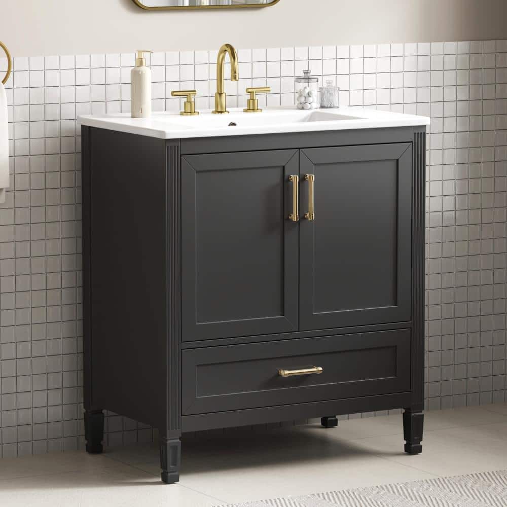 30 in.Single Sink Black Fluted Freestanding Bathroom Vanity with White Ceramic Top,2 Soft-Close Door,1 Drawer price history on PriceWatchPro