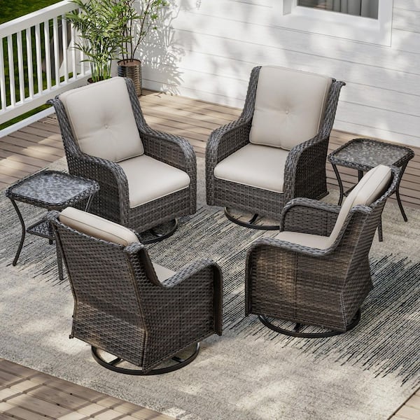 6-Piece Wicker Outdoor Rocking Chair All-Weather Patio Swivel Chair Set with Beige Cushions