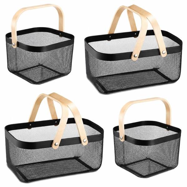 4 Piece Black Metal Mesh Harvest Picnic Baskets Set with Foldable Wooden Handles for Garden and Kitchen Storage