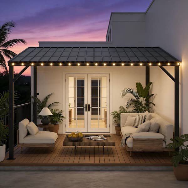 12 ft. x 10 ft. Large Heavy Duty Metal Outdoor Pergola Gazebo, Wall-Mounted Lean to Awning Gazebo with Roof