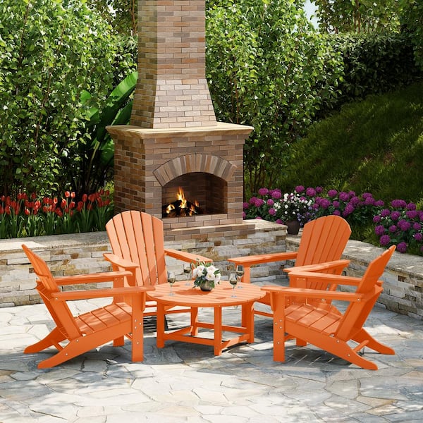 Altura Fade Resistant HDPE Plastic Orange 5-Piece Adirondack Chair Outdoor Patio Conversation Set, Round Coffee Table