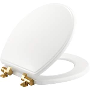 Weston Round Soft Close Enameled Wood Closed Front Toilet Seat in White Never Loosens Brushed Gold Metal Hinge