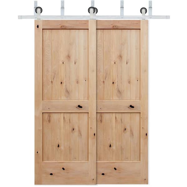 Pacific Entries 60in. x 80 in. Bypass 2-PNL V-Groove Solid Core Knotty Alder Sliding Barn Door with Satin Nickel Hardware Kit