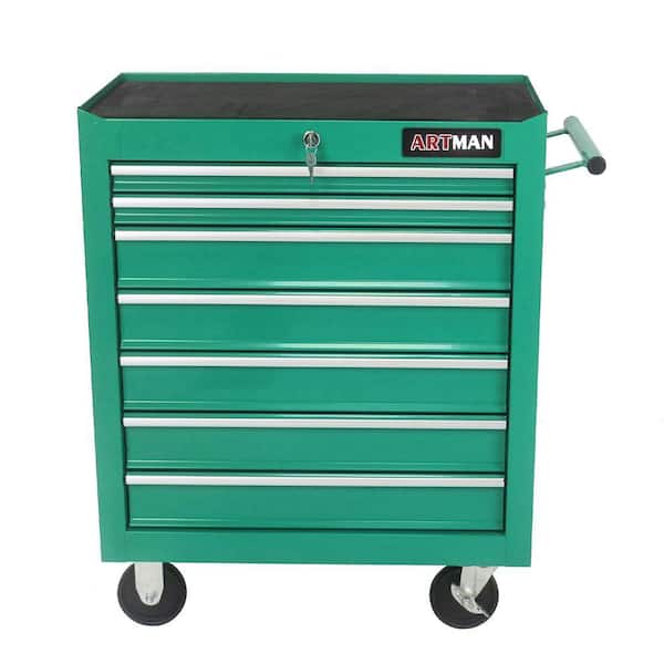 12.9 in. W 7 Drawer Rolling Metal Green Tool Cabinet with Lock, 4 Wheels Tool Carts with Workbench and Push Rod