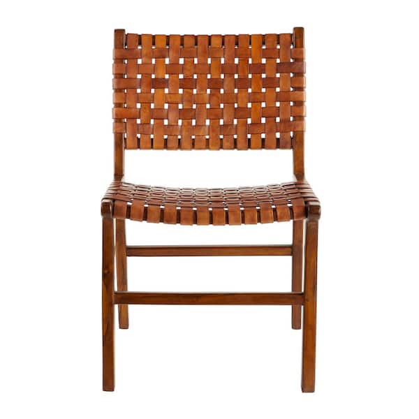 Litton Lane Armless Brown Teak Wood And, Top Grain Leather Dining Room Chairs