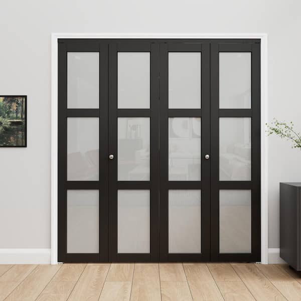 72 in. x 80 in. 3-Lite Frosted Glass Solid Core MDF Black Finished Glass Closet Bi-Fold Door with Hardware for Closet