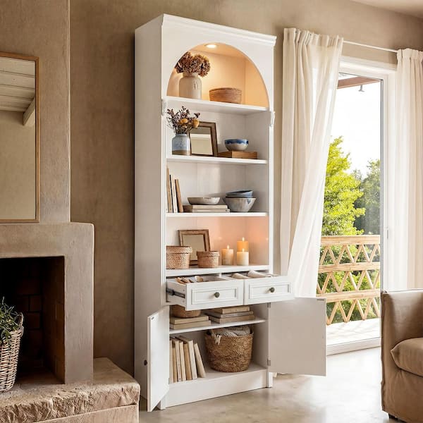 White 86.61 in. Accent Storage Cabinet with 4 Shelves, 2 Drawers, 2 Cabinets, Arched Top, and LED Lighting for Home Use