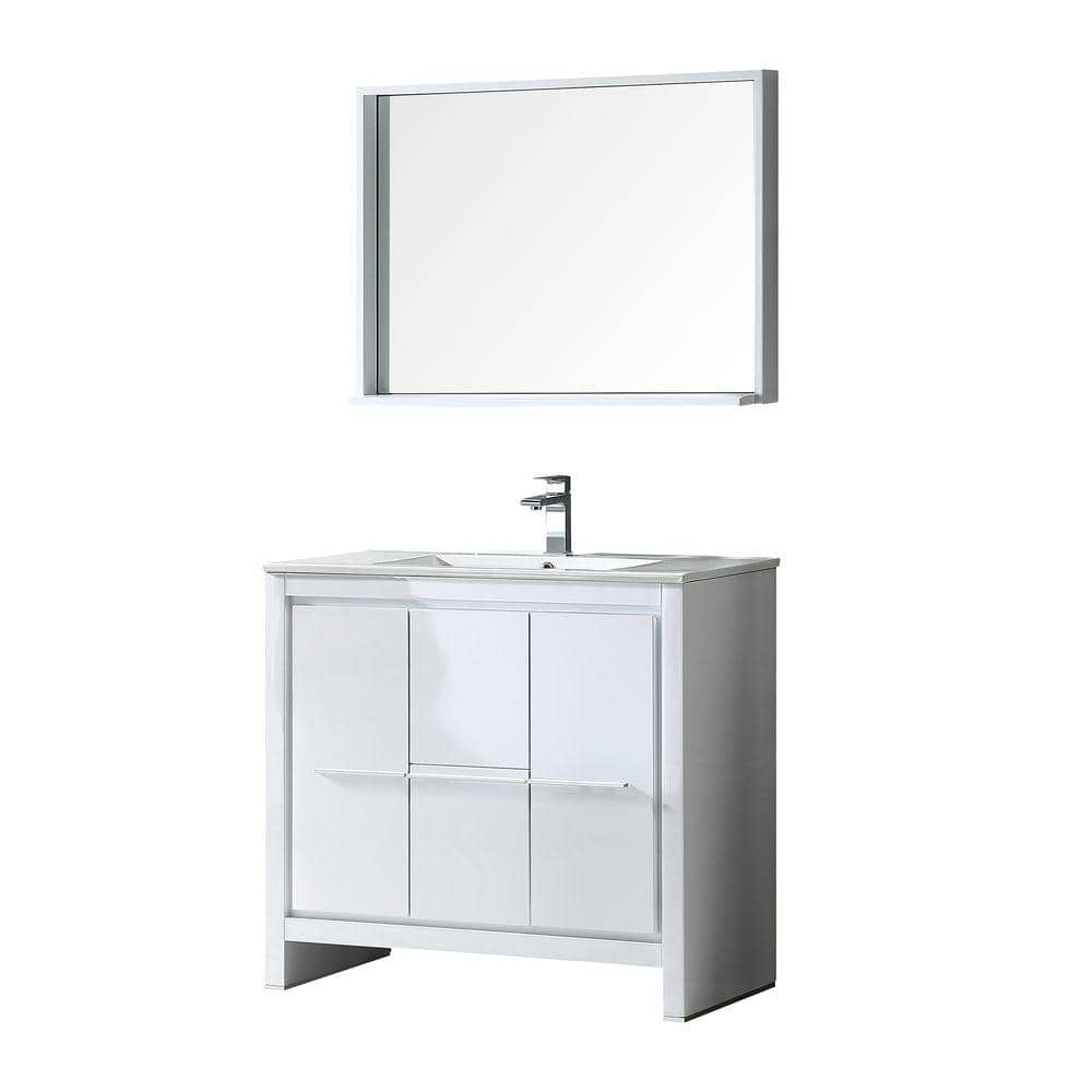 Modern Glossy White 36" Plywood Vanity Set with Ceramic Top & Mirror