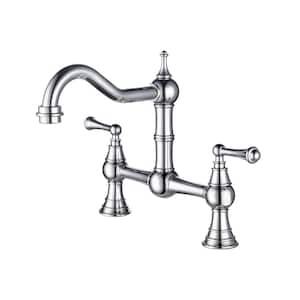 Double Handle Bridge Kitchen Faucet 2 Holes Commercial Brass Kitchen Sink Faucets with Swivel Spout in Polished Chrome