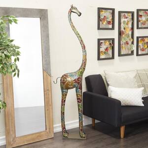Multi Colored Metal Indoor Outdoor Tall Giraffe Sculpture with Detailed Embossed Scrollwork