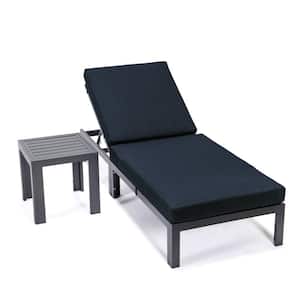 Chelsea Modern Black Aluminum Outdoor Patio Chaise Lounge Chair with Side Table and Black Cushions