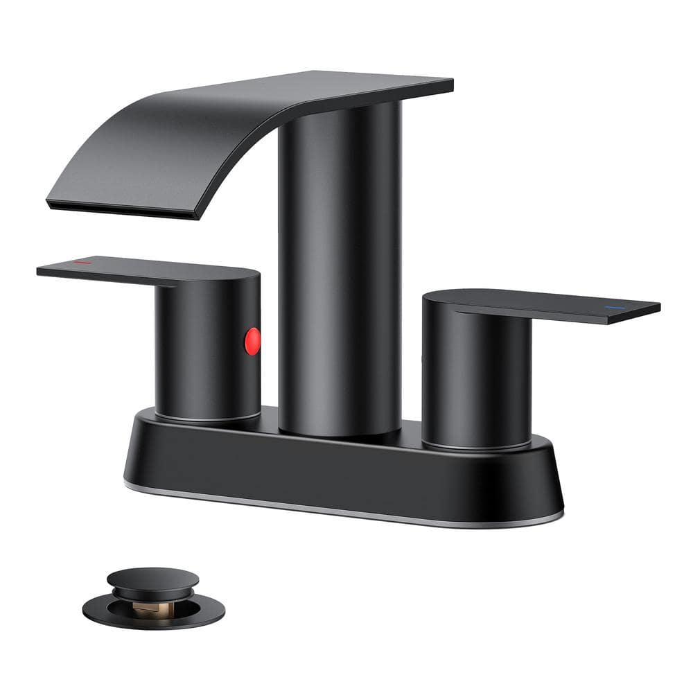 4 in. Centerset Double Handle Low Arc Bathroom Faucet with Drain Kit Included in Matte Black price history on PriceWatchPro