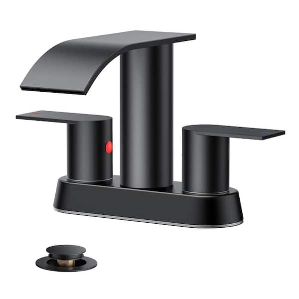 4 in. Centerset Double Handle Low Arc Bathroom Faucet with Drain Kit Included in Matte Black