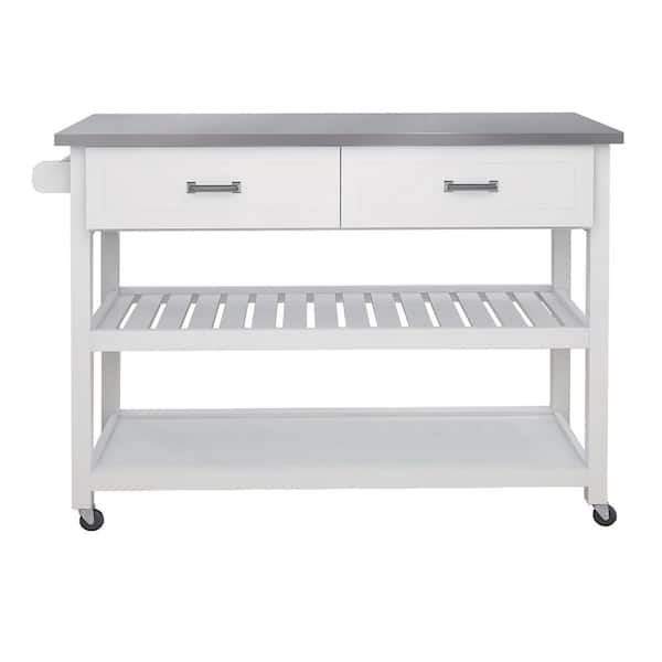 White Wood 47.2 in. Kitchen Island with Two Drawers Stainless